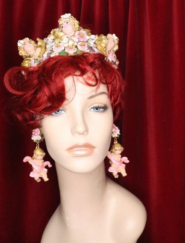 SOLD! 5170 Baroque Hand Painted Pink Banner Roses Cherubs Angels Earrings Studs - Image 2