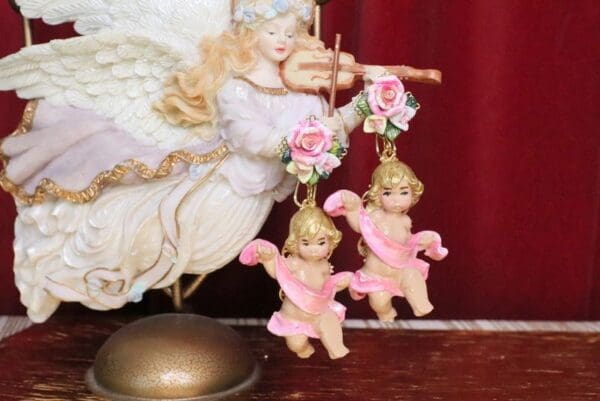 SOLD! 5170 Baroque Hand Painted Pink Banner Roses Cherubs Angels Earrings Studs - Image 5
