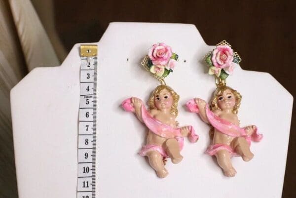 SOLD! 5170 Baroque Hand Painted Pink Banner Roses Cherubs Angels Earrings Studs - Image 6