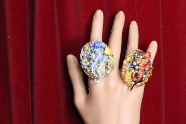 SOLD! 5196 Genuine Huge Agate Red Sea Horse Cocktail Adjustable Ring - Image 2