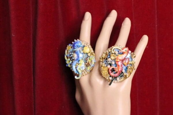 SOLD! 5196 Genuine Huge Agate Red Sea Horse Cocktail Adjustable Ring - Image 3