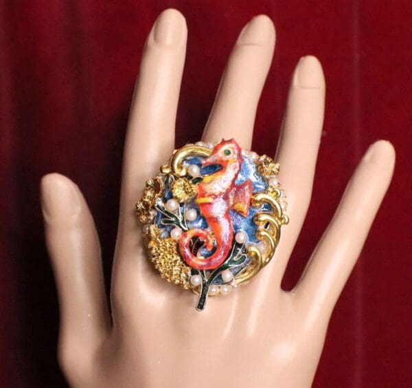 SOLD! 5196 Genuine Huge Agate Red Sea Horse Cocktail Adjustable Ring - Image 5