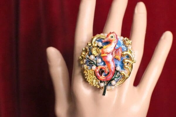 SOLD! 5196 Genuine Huge Agate Red Sea Horse Cocktail Adjustable Ring - Image 6