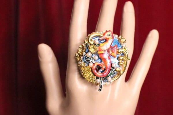 SOLD! 5196 Genuine Huge Agate Red Sea Horse Cocktail Adjustable Ring