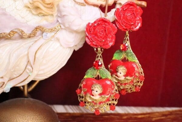SOLD! 5216 Baroque Hand Painted Red Heart Roses Massive Earrings Studs - Image 7