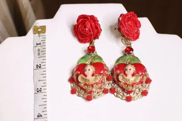 SOLD! 5216 Baroque Hand Painted Red Heart Roses Massive Earrings Studs - Image 8