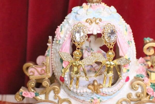SOLD! 5217 Baroque Clear Rhinestone Wings Cherubs Earrings Studs - Image 5