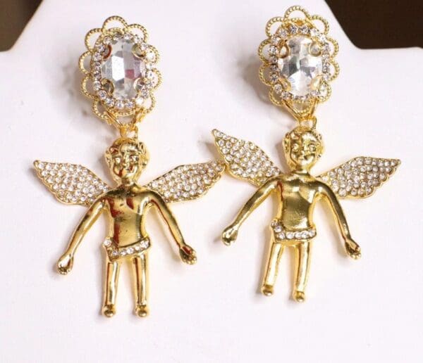 SOLD! 5217 Baroque Clear Rhinestone Wings Cherubs Earrings Studs - Image 7