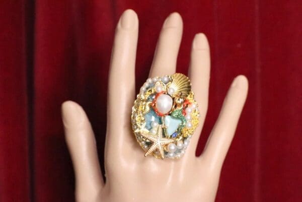 SOLD! 5220 Genuine Huge Agate Mermaid Cocktail Adjustable Ring