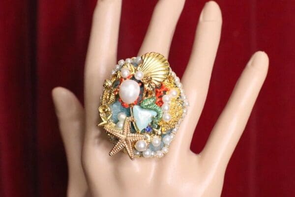 SOLD! 5220 Genuine Huge Agate Mermaid Cocktail Adjustable Ring - Image 3