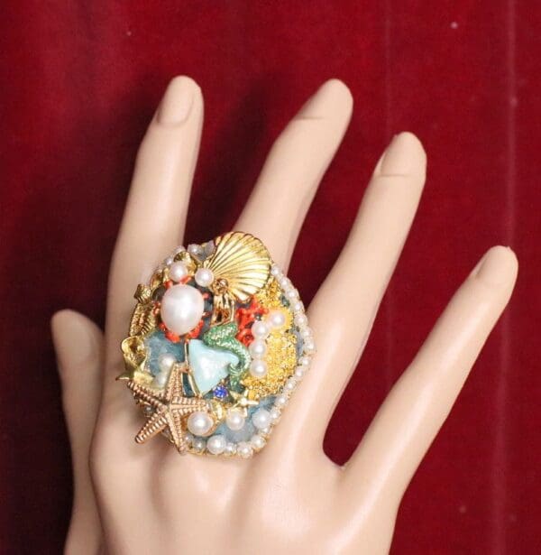 SOLD! 5220 Genuine Huge Agate Mermaid Cocktail Adjustable Ring - Image 4