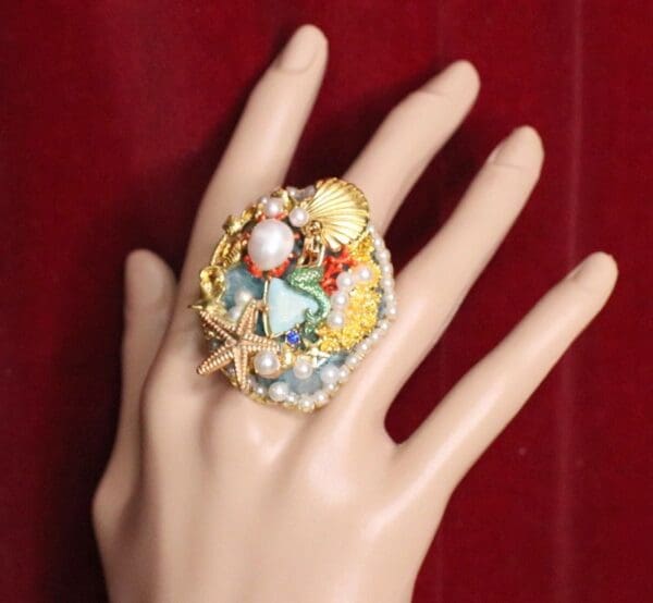 SOLD! 5220 Genuine Huge Agate Mermaid Cocktail Adjustable Ring - Image 5