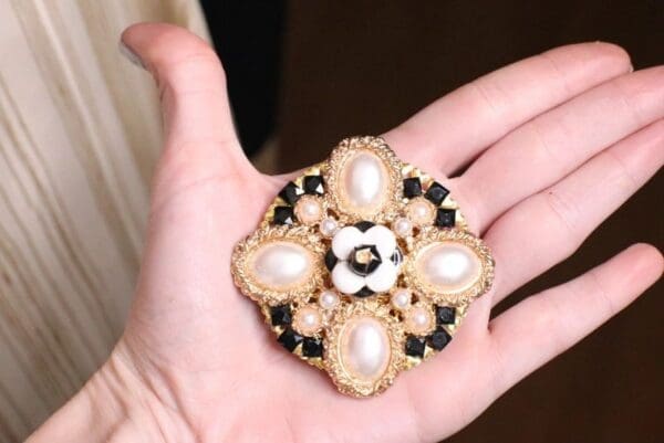 SOLD! 5240 Byzantine Madam Coco Huge Camellia PEarl Brooch - Image 2