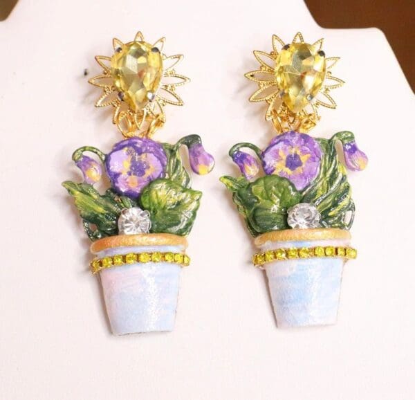 SOLD! 5351 Baroque Hand Painted Flower Pod Violet Studs Earrings - Image 7