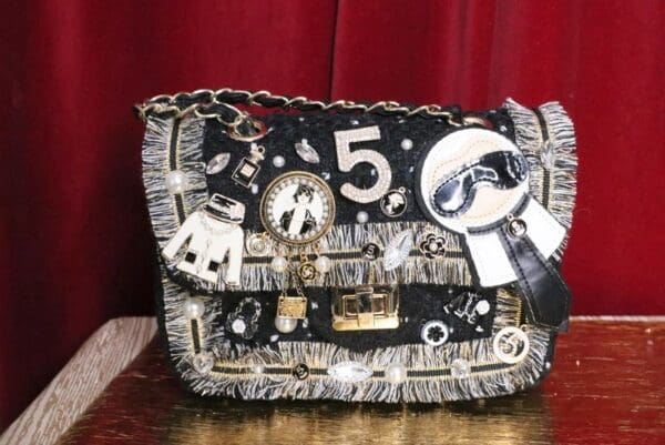 SOLD! 5395 Madam Coco Tweed Embellished Brooches Crossbody Handbag - Image 2