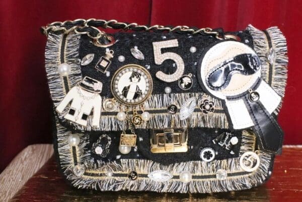 SOLD! 5395 Madam Coco Tweed Embellished Brooches Crossbody Handbag
