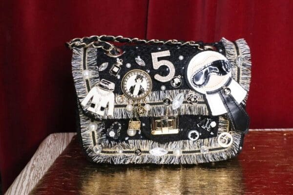 SOLD! 5395 Madam Coco Tweed Embellished Brooches Crossbody Handbag - Image 4