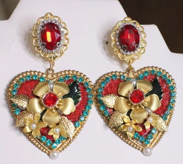 SOLD! 5408 Baroque Large Heart Gold Flower Crystal Studs Earrings - Image 5