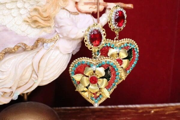 SOLD! 5408 Baroque Large Heart Gold Flower Crystal Studs Earrings - Image 7
