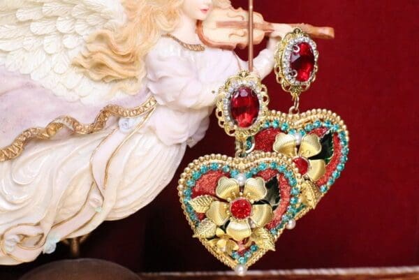 SOLD! 5408 Baroque Large Heart Gold Flower Crystal Studs Earrings