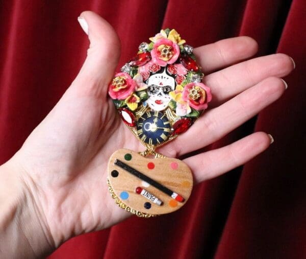 SOLD! 5416 Frida Kahlo Artist Hand Painted Enamel Huge Brooch - Image 4