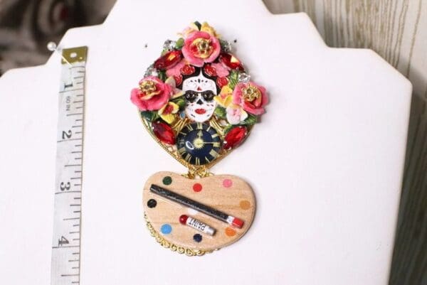 SOLD! 5416 Frida Kahlo Artist Hand Painted Enamel Huge Brooch - Image 6
