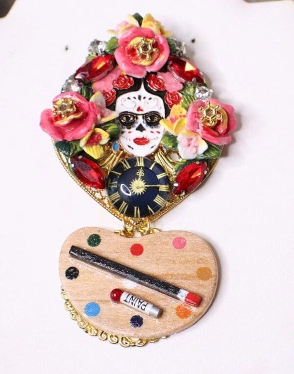 SOLD! 5416 Frida Kahlo Artist Hand Painted Enamel Huge Brooch - Image 7