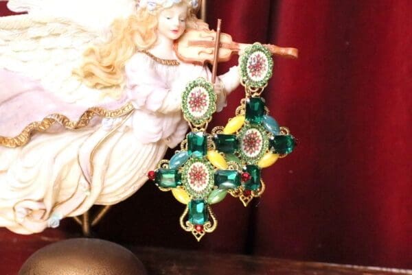 SOLD! 5419 Baroque Green Colorful Eye-Catching Cross Studs Earrings - Image 2