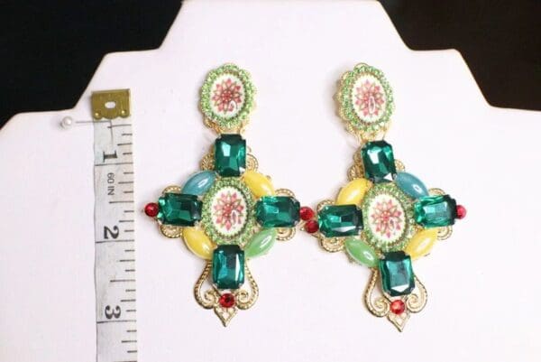SOLD! 5419 Baroque Green Colorful Eye-Catching Cross Studs Earrings - Image 5