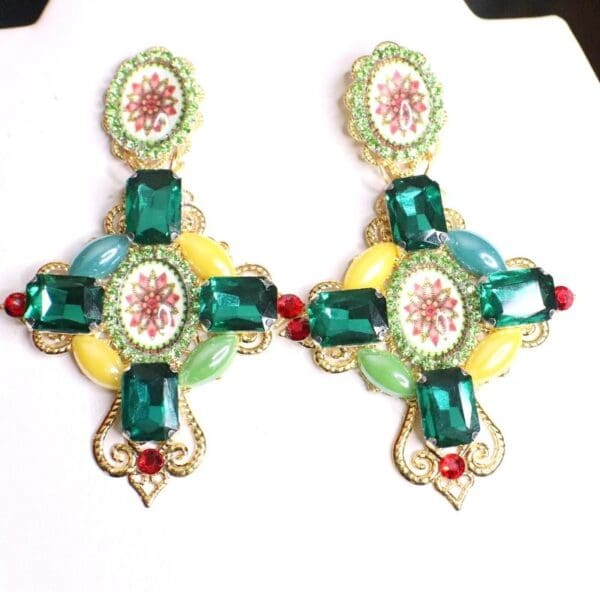 SOLD! 5419 Baroque Green Colorful Eye-Catching Cross Studs Earrings - Image 6