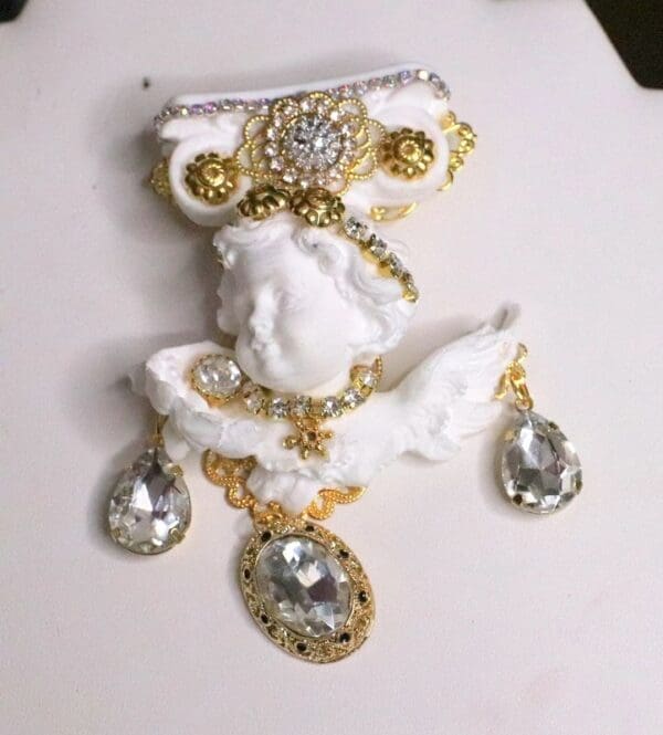SOLD! 5441 Baroque Chubby White Cherub Roman Column Massive Brooch