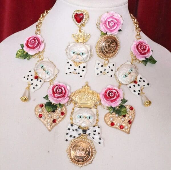 SOLD! 5444 Set Of Hand Painted Polka Dot Bow Baroque Enamel Cats Roses Necklace+ Earrings - Image 4