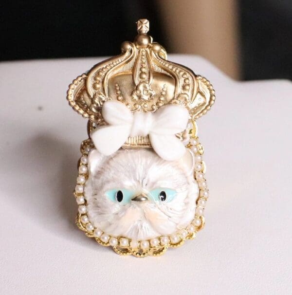 SOLD! 5445 Baroque Enamel Cat Crown Bow Cocktail Adjustable Ring - Image 6