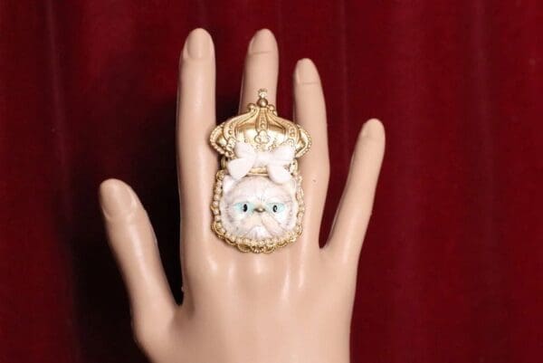 SOLD! 5445 Baroque Enamel Cat Crown Bow Cocktail Adjustable Ring - Image 2