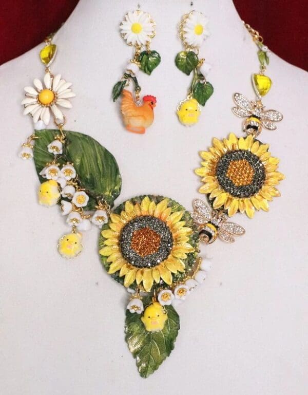 SOLD! 5446 Set Of Hand Painted Rooster Enamel Sunflowers Bee Chicks Necklace+ Earrings - Image 2
