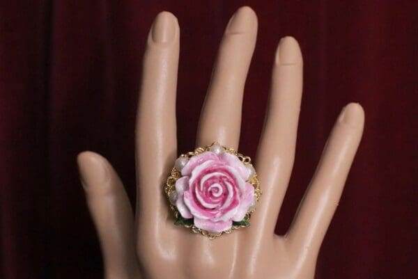 SOLD! 5454 Hand Painted Rose Runway Cocktail Adjustable Ring - Image 4