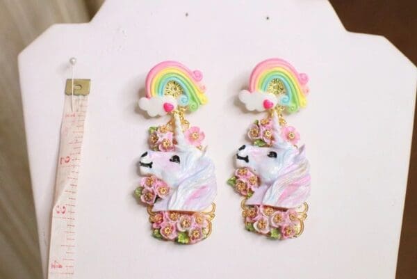 SOLD! 5469 Baroque Colorful Unicorns Roses Rainbow Massive Studs Earrings - Image 7