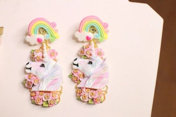 SOLD! 5469 Baroque Colorful Unicorns Roses Rainbow Massive Studs Earrings - Image 8