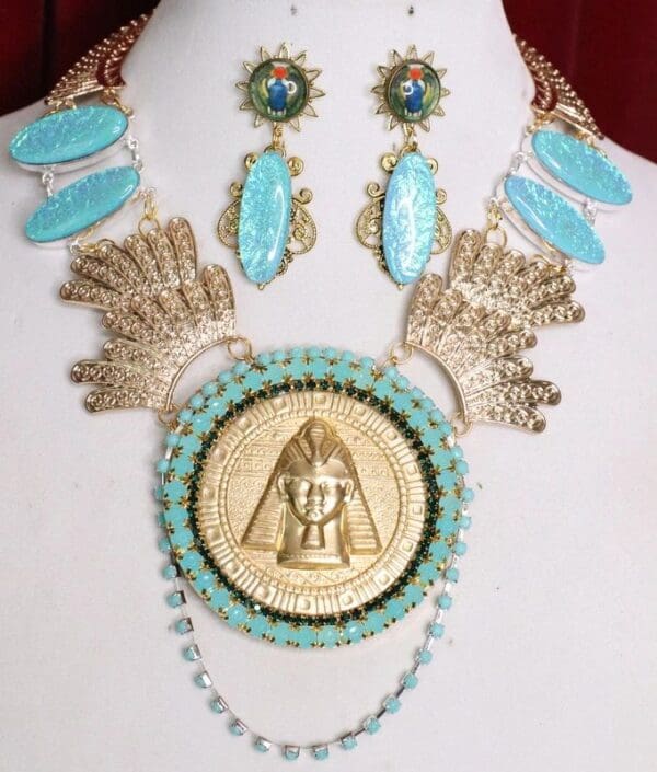 SOLD! 5486 Egyptian Revival Genuine Triplet Opal Pharaoh Iridescent 3D Effect Statement Huge Necklace - Image 5