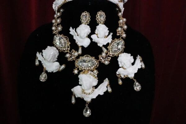 SOLD! 5501 "Fashion Sinner" Baroque White Chubby Cherubs Angels Clear Crystal Necklace - Image 9