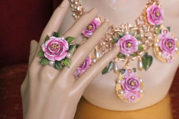 SOLD! 5505 Hand Painted Rose Leaf Elegant Cocktail Adjustable Ring