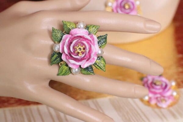 SOLD! 5505 Hand Painted Rose Leaf Elegant Cocktail Adjustable Ring - Image 6
