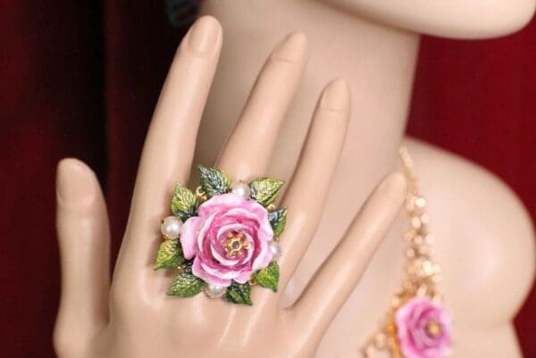 SOLD! 5505 Hand Painted Rose Leaf Elegant Cocktail Adjustable Ring - Image 7