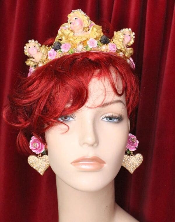 SOLD! 5518 Runway Baroque Hand Painted Rose Pearl Heart Earrings - Image 5