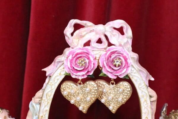 SOLD! 5518 Runway Baroque Hand Painted Rose Pearl Heart Earrings - Image 6