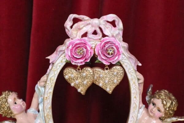 SOLD! 5518 Runway Baroque Hand Painted Rose Pearl Heart Earrings - Image 2