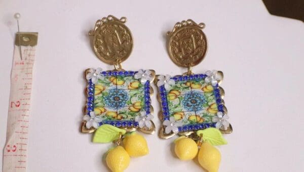 SOLD! 5521 Baroque Sicilian Tile Lemon Fruit Coin Earrings - Image 6
