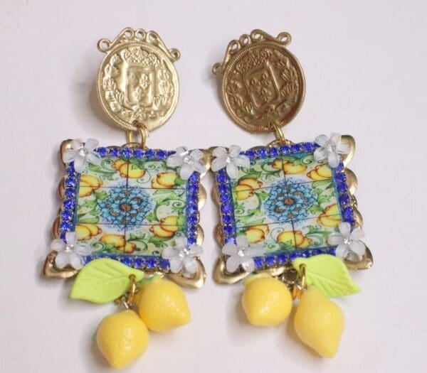 SOLD! 5521 Baroque Sicilian Tile Lemon Fruit Coin Earrings - Image 7