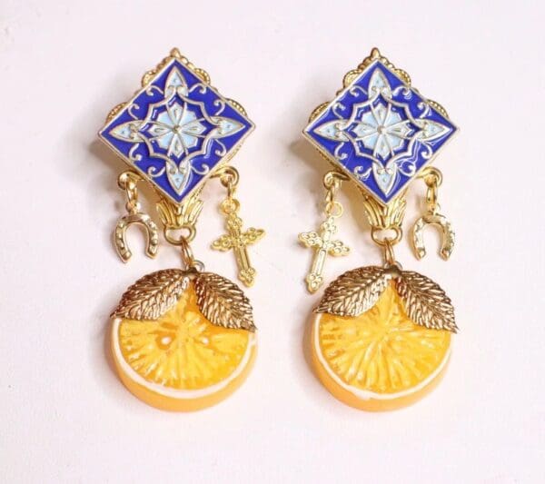 5522 Baroque Enamel Sicilian Tile Orange Fruit Elegant Earrings - Image 6