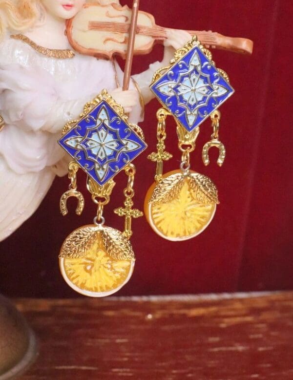 5522 Baroque Enamel Sicilian Tile Orange Fruit Elegant Earrings